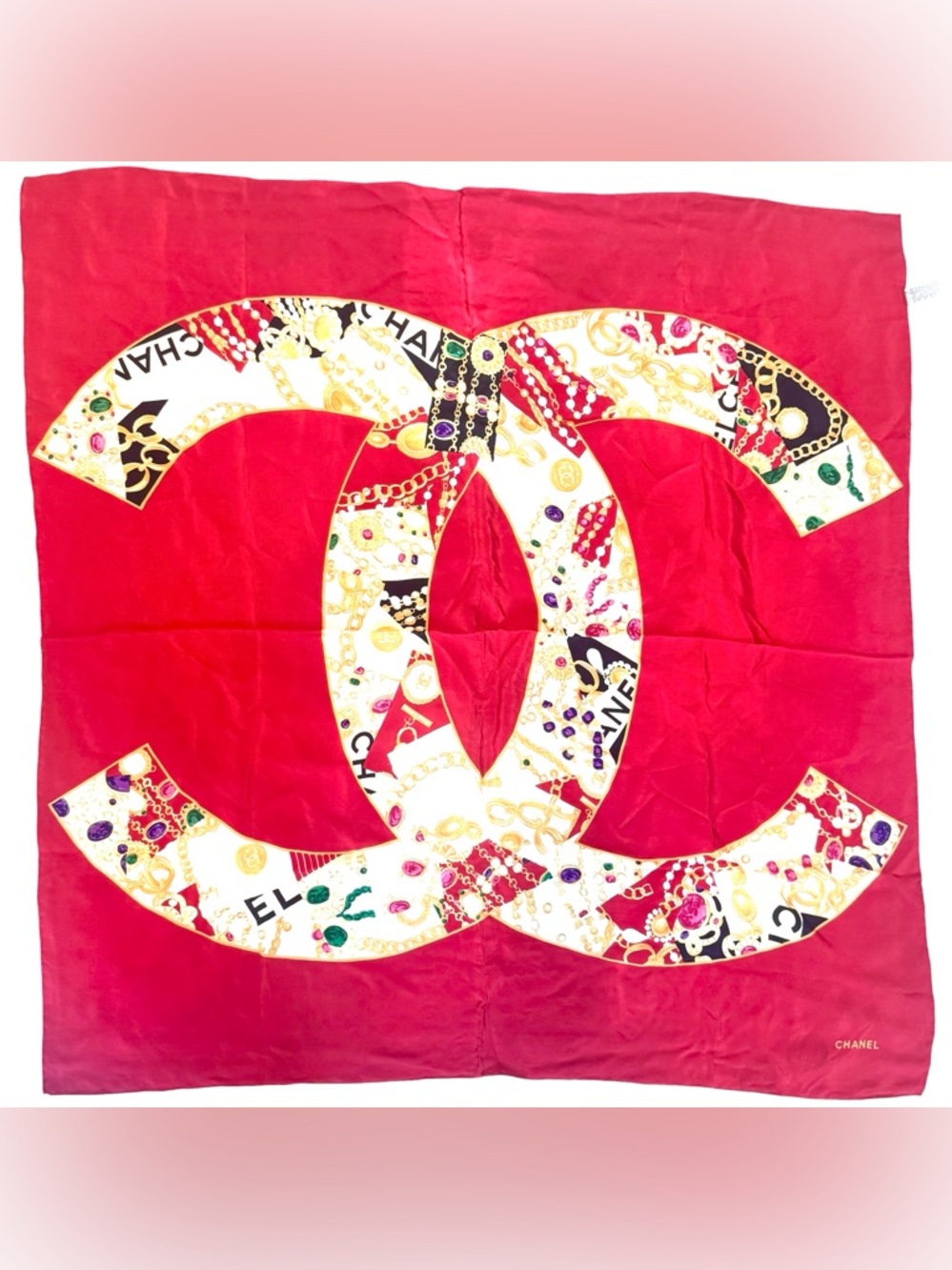 ✨🛍️ Chanel Red Multicolor CC Jewelry Pattern Silk Scarf